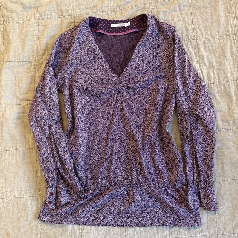 Sessùn | women's small Chic Purple ruched V-Neck Blouse with flowers 100% cotton